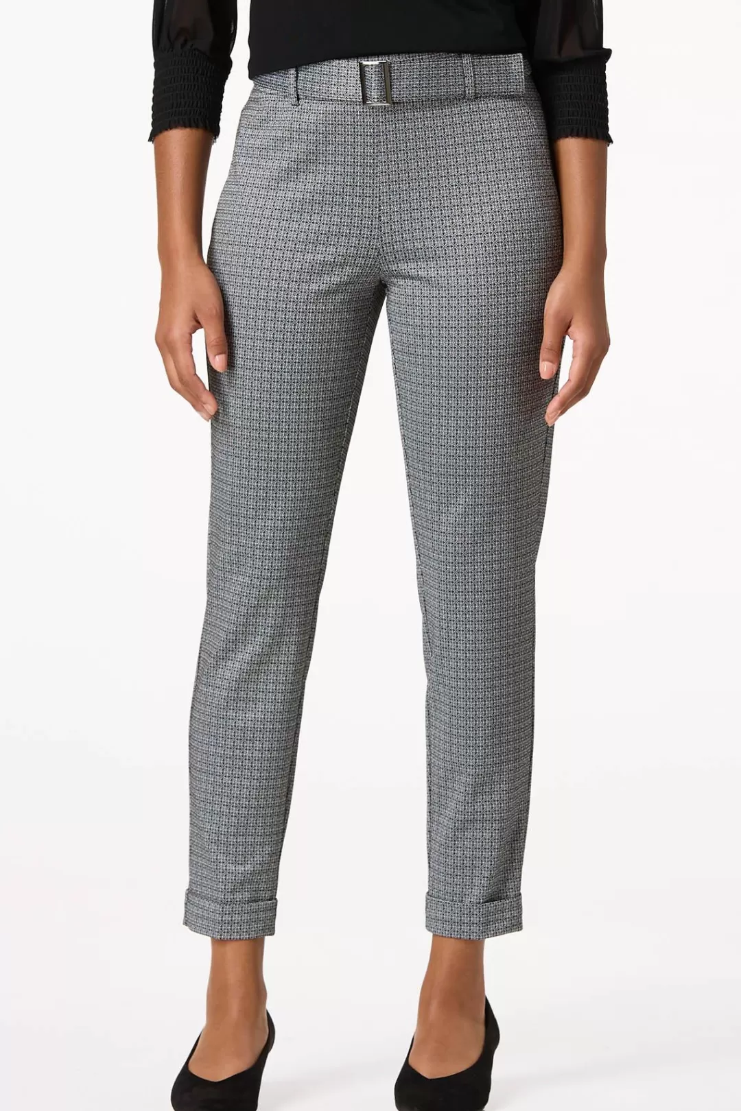 Cato Pants | Belted Textured Print Slim Pants