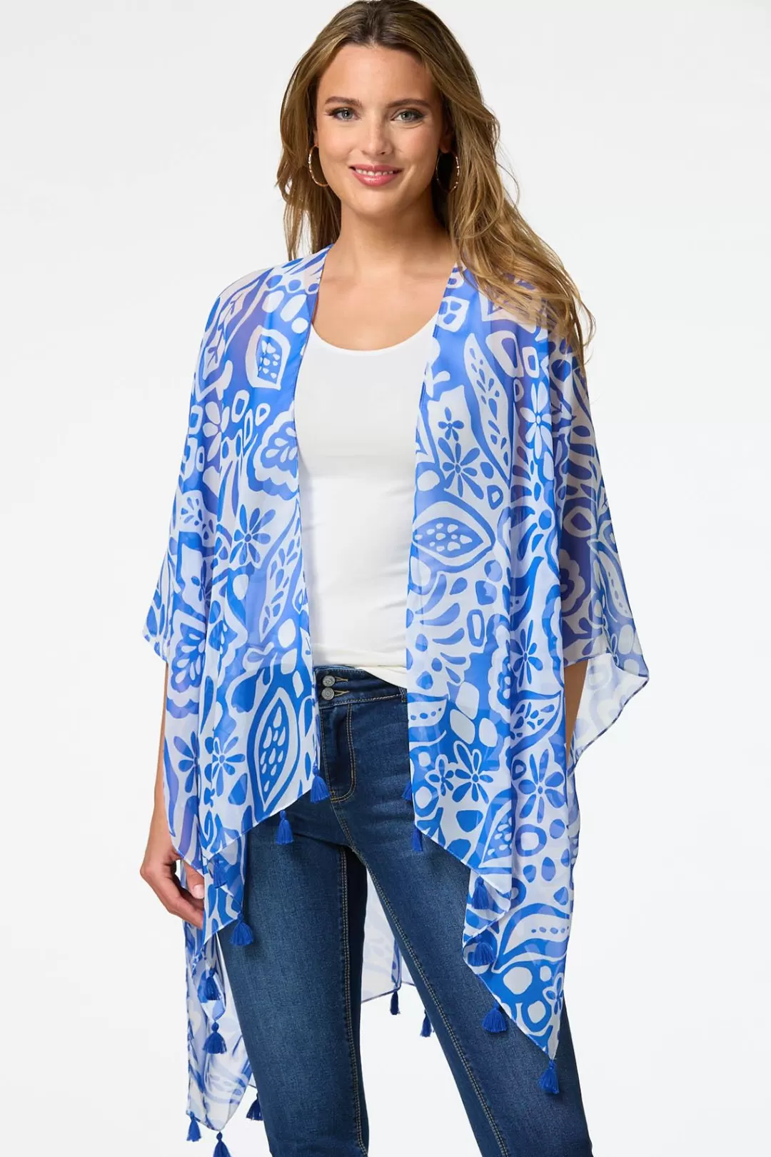 Cato Cover Ups | Tops | Blue Damask Tassel Kimono