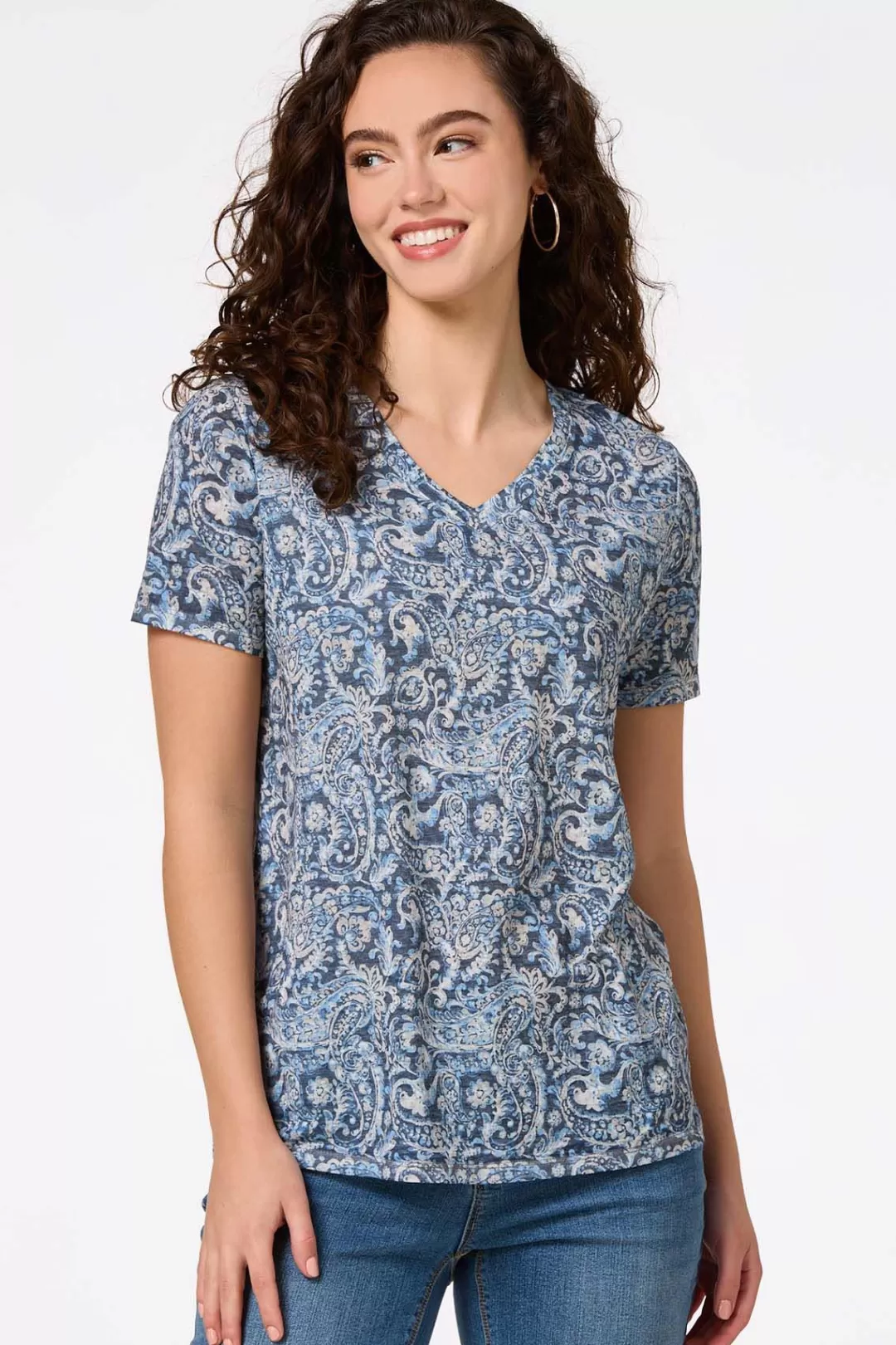 Cato Tops | Burnwash Navy Paisley Top