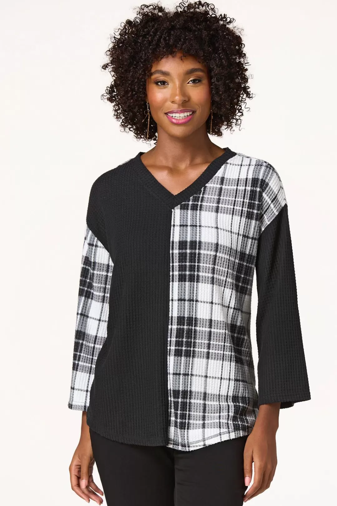 Cato Tops | Colorblock Plaid Waffle Top