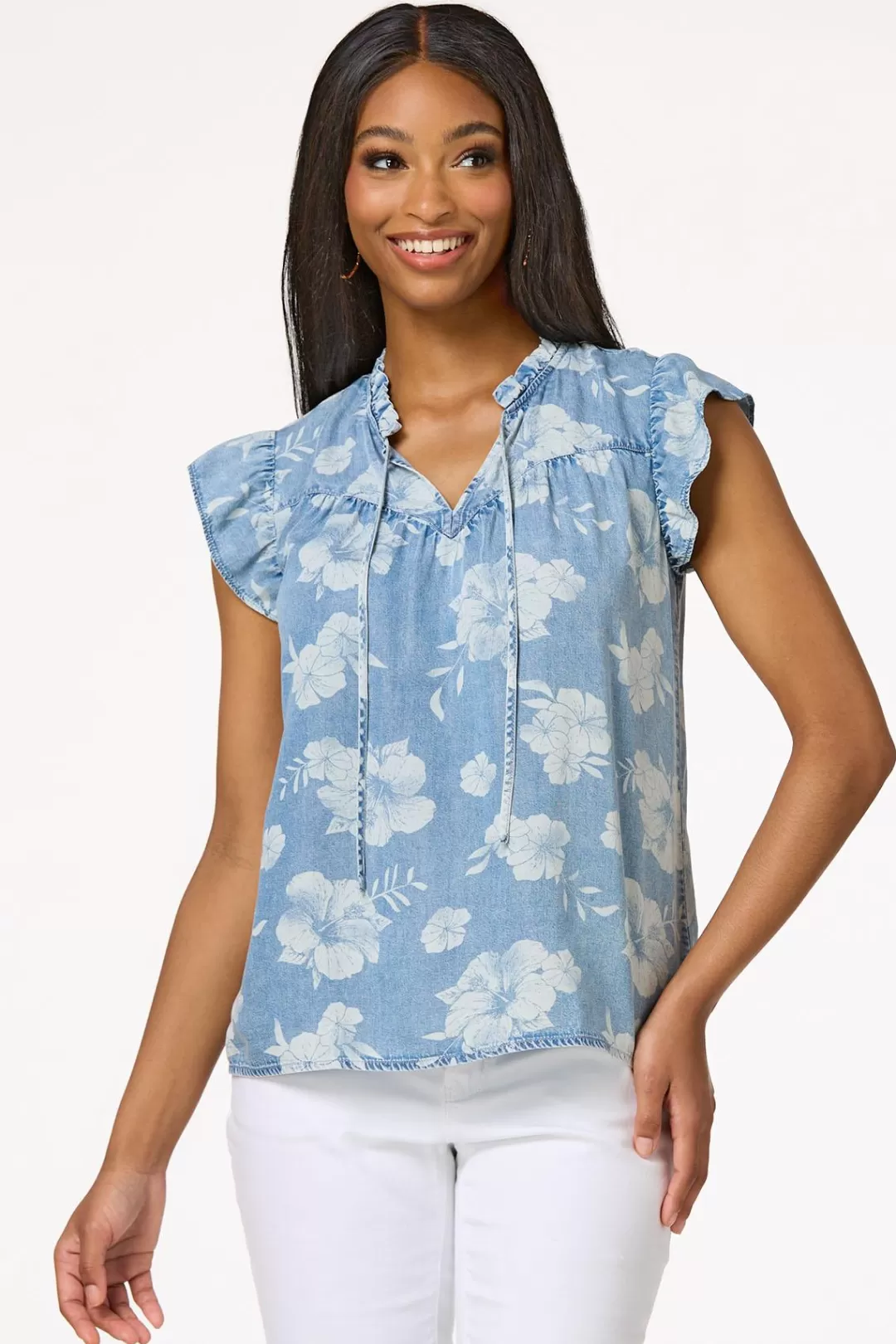 Cato Tops | Contrast Floral Chambray Top