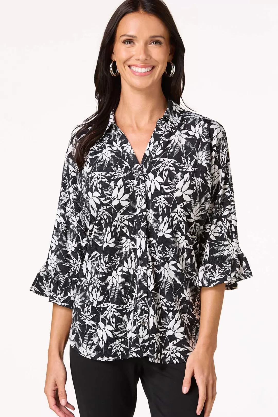 Cato Tops | Contrast Floral Flutter Sleeve Shirt