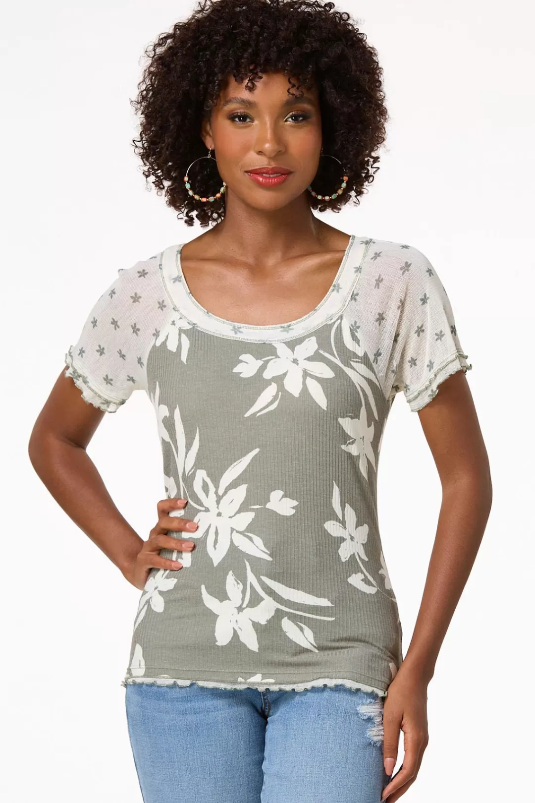 Cato Tops | Contrast Olive Floral Top