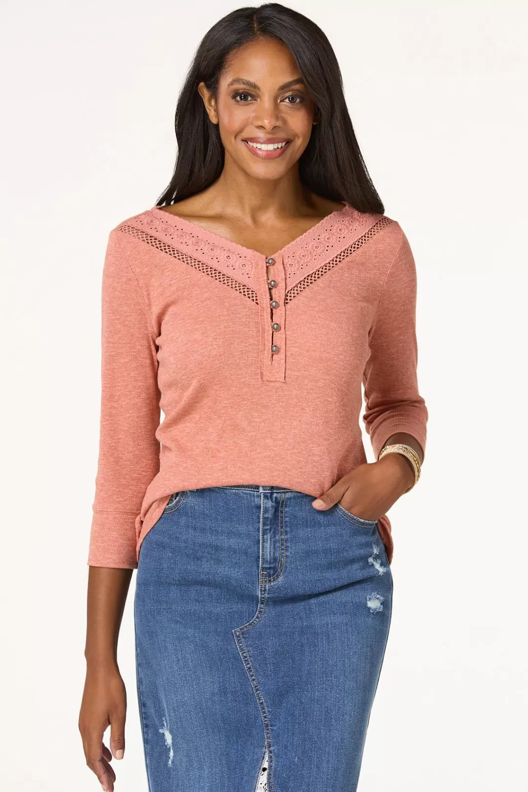 Cato Tops | Crochet V- Neck Henley