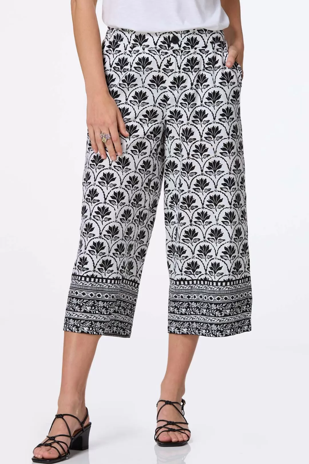 Cato Pants | Cropped Floral Border Linen Pants