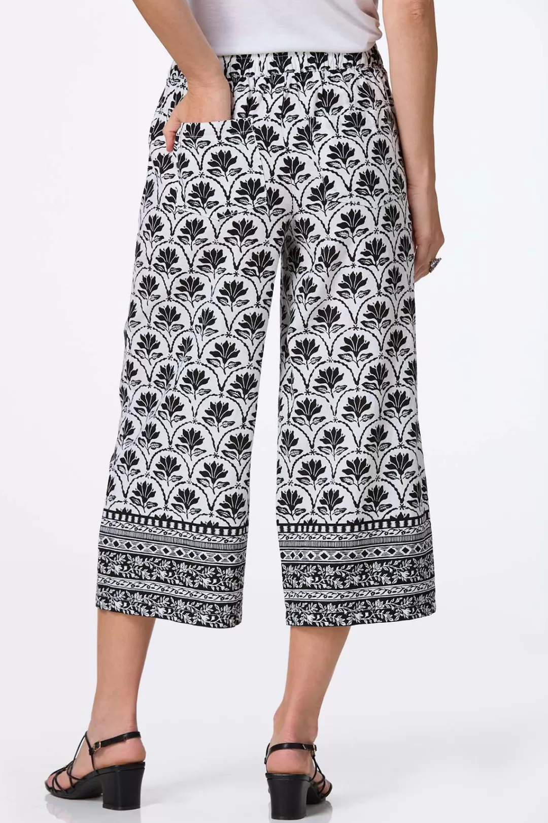 Cato Pants | Cropped Floral Border Linen Pants