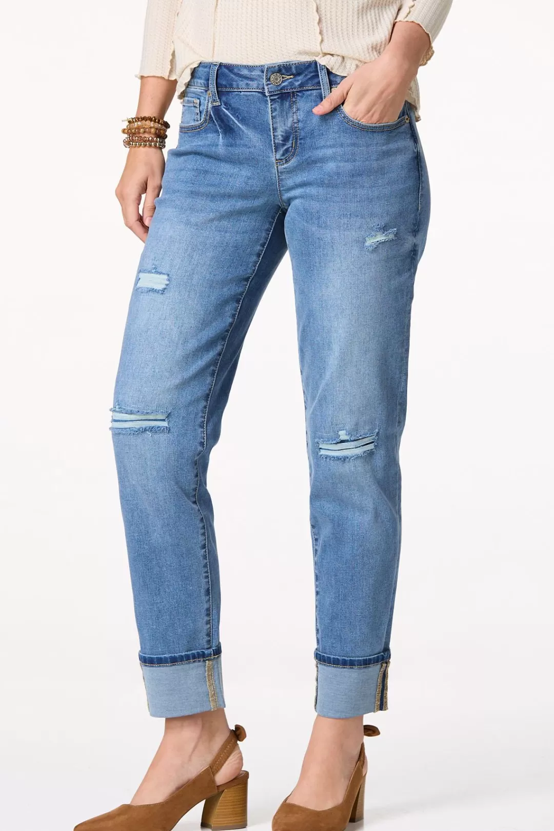 Cato Jeans | Distressed Cuffed Girlfriend Jeans