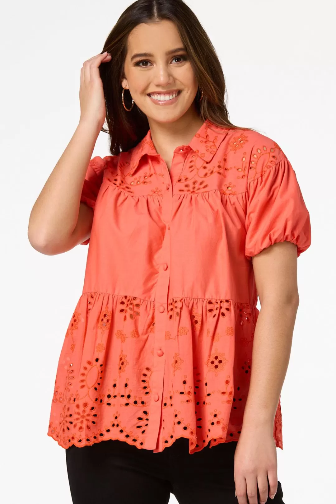 Cato Tops | Eyelet Balloon Sleeve Top