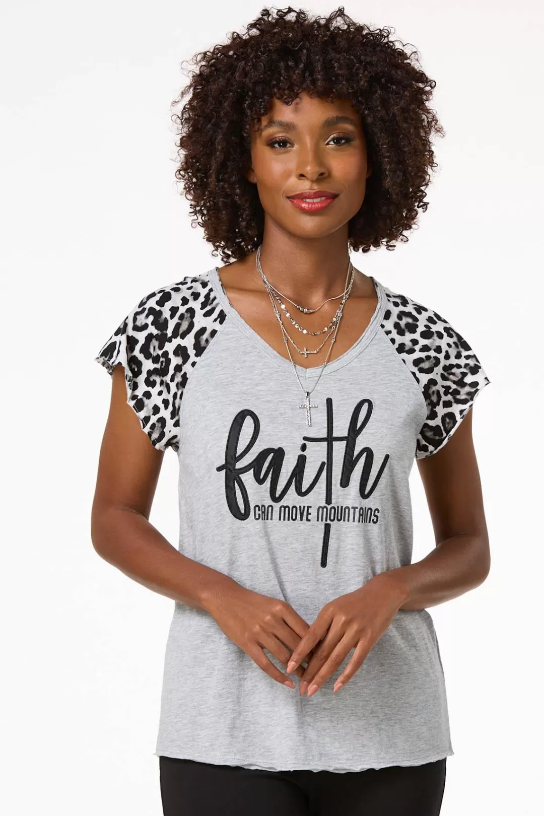 Cato Tops | Faith Leopard Sleeve Tee