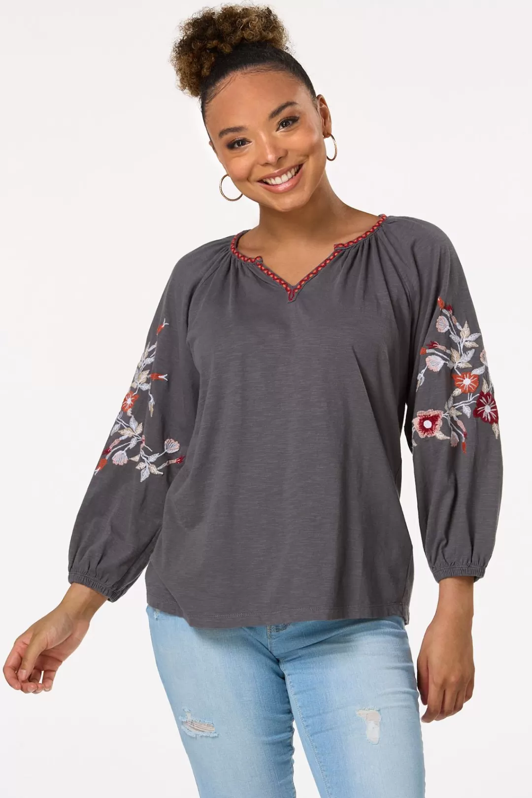 Cato Tops | Fall Floral Embroidered Top