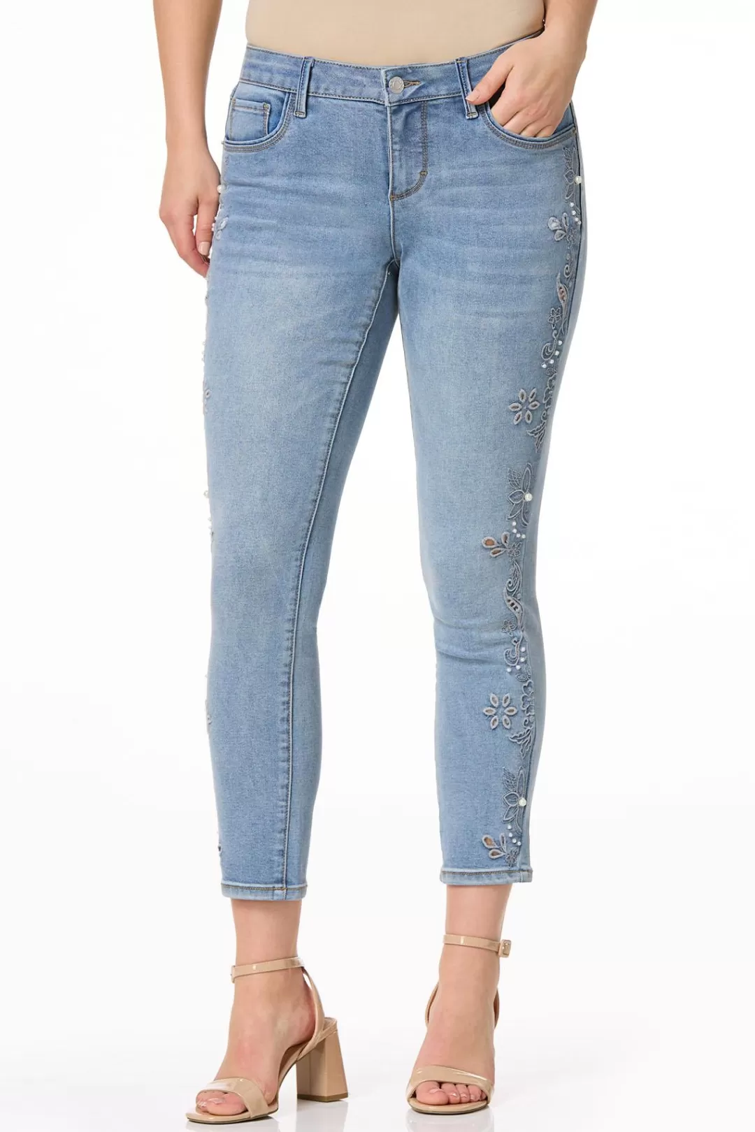 Cato Jeans | Floral Embroidered Pearl Ankle Jeans