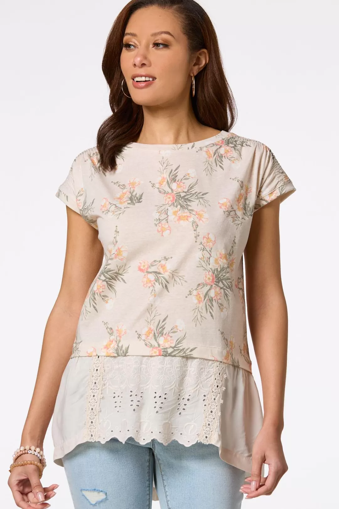 Cato Tops | Floral Eyelet Hem Top