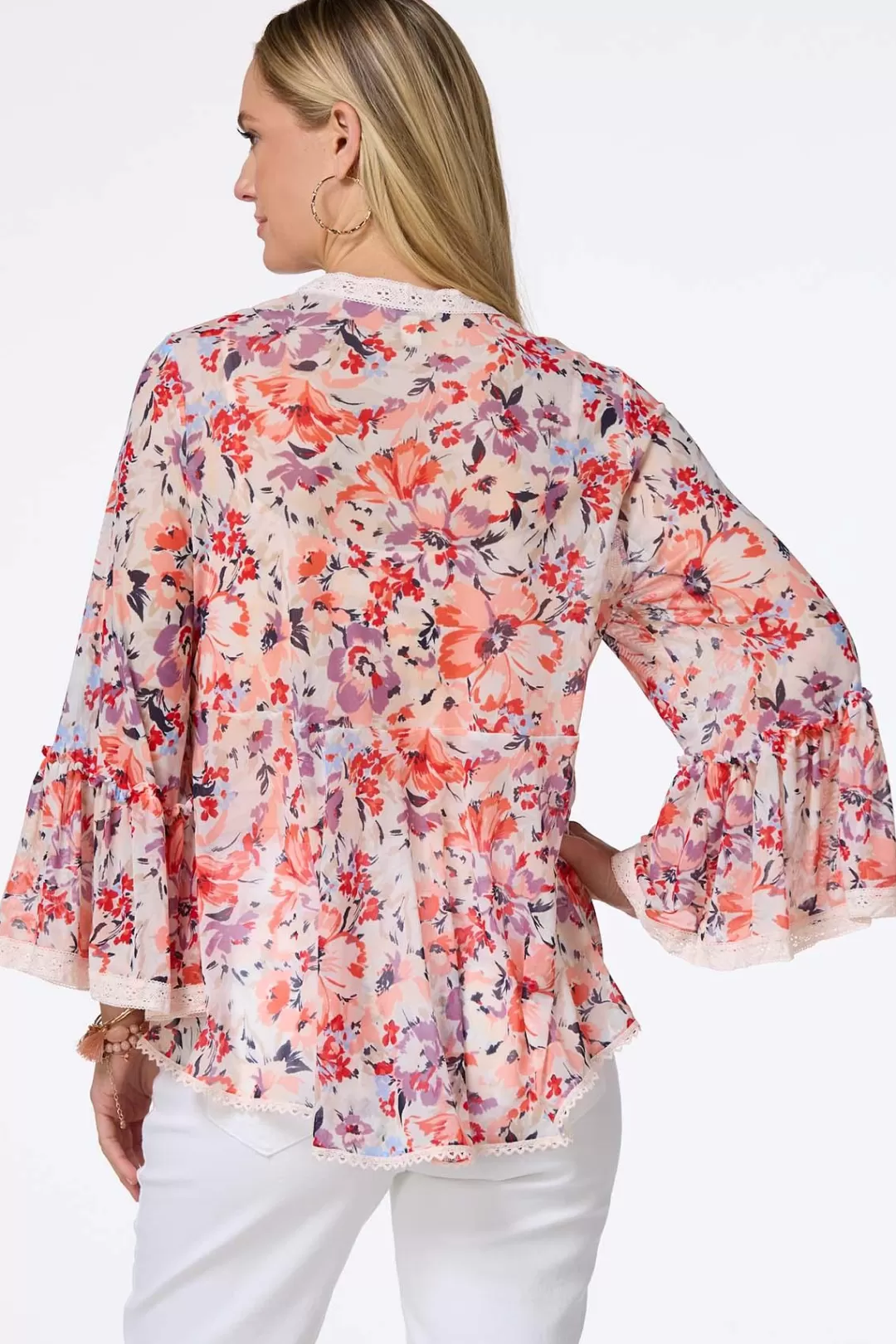 Cato Tops | Floral Lace Trim Kimono