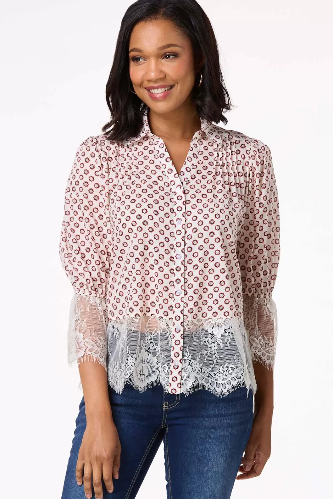 Cato Tops | Floral Lace Trim Shirt