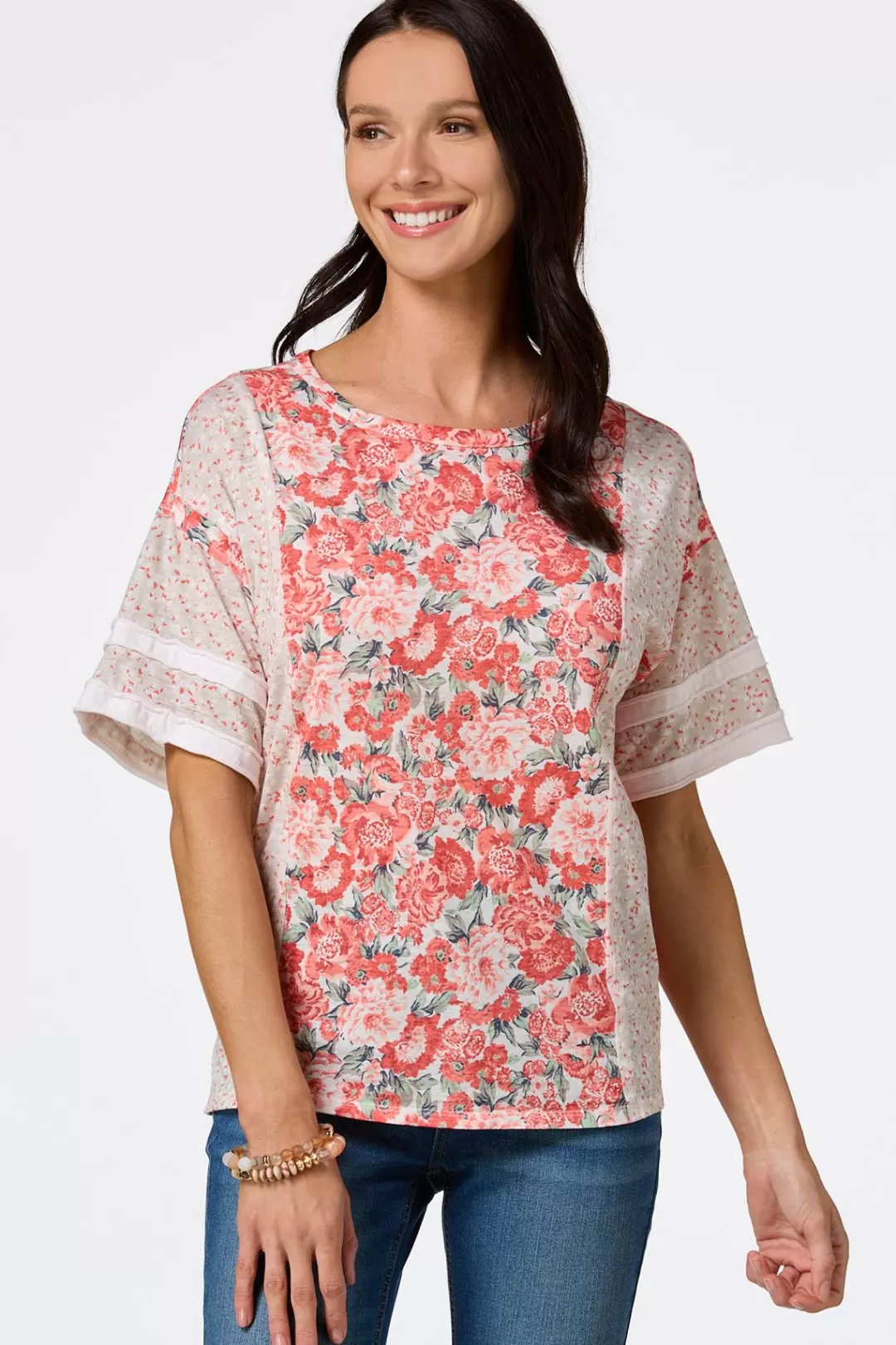 Cato Tops | Floral Panel Drop Shoulder Top