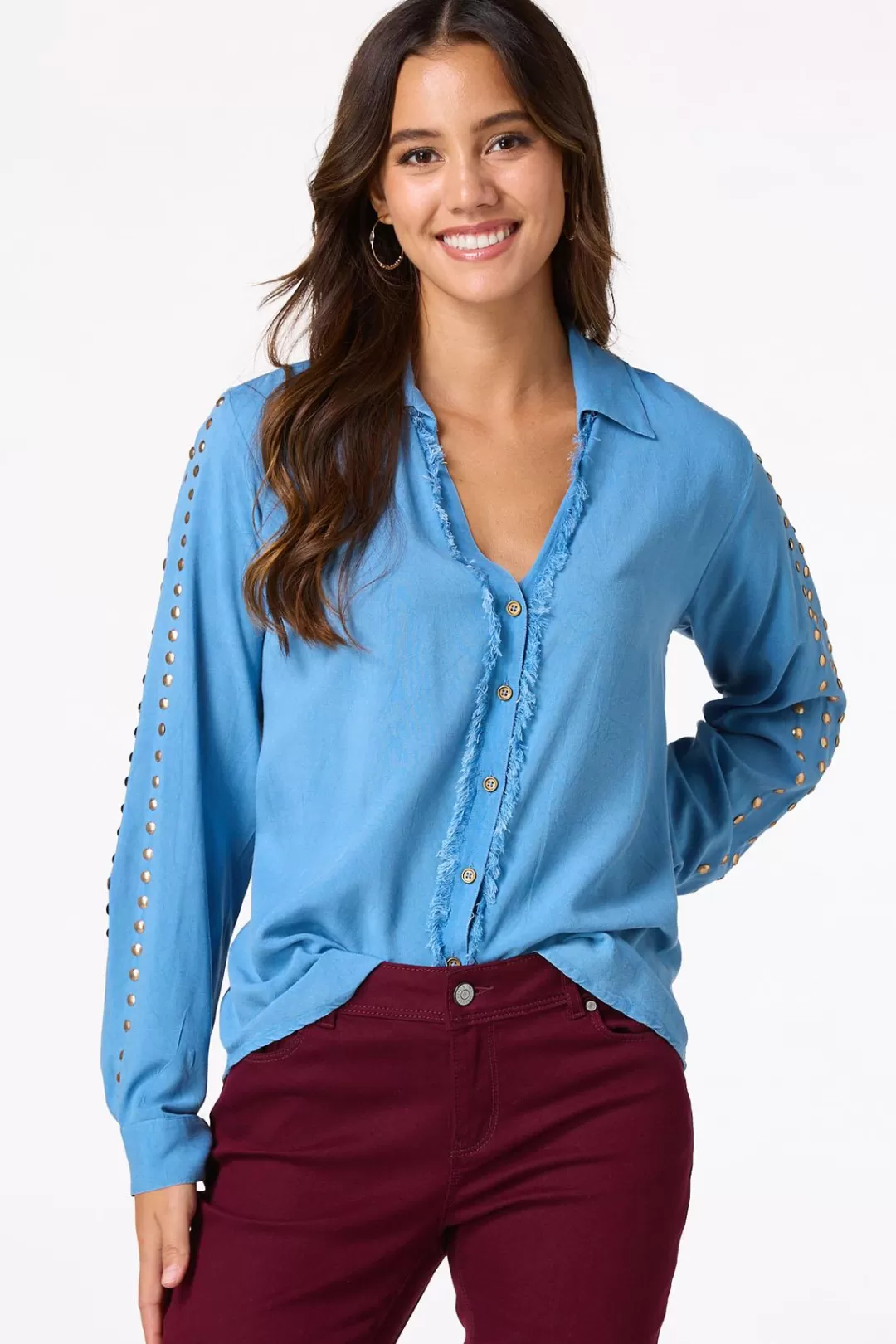 Cato Tops | Frayed Chambray Shirt