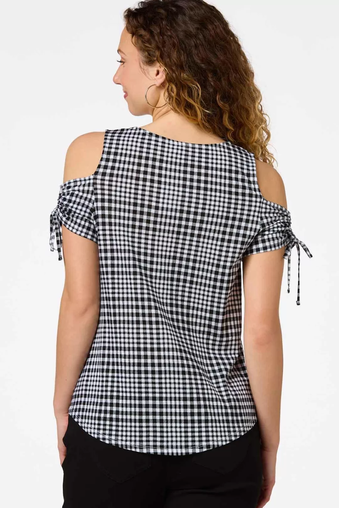 Cato Tops | Gingham Cold Shoulder Top