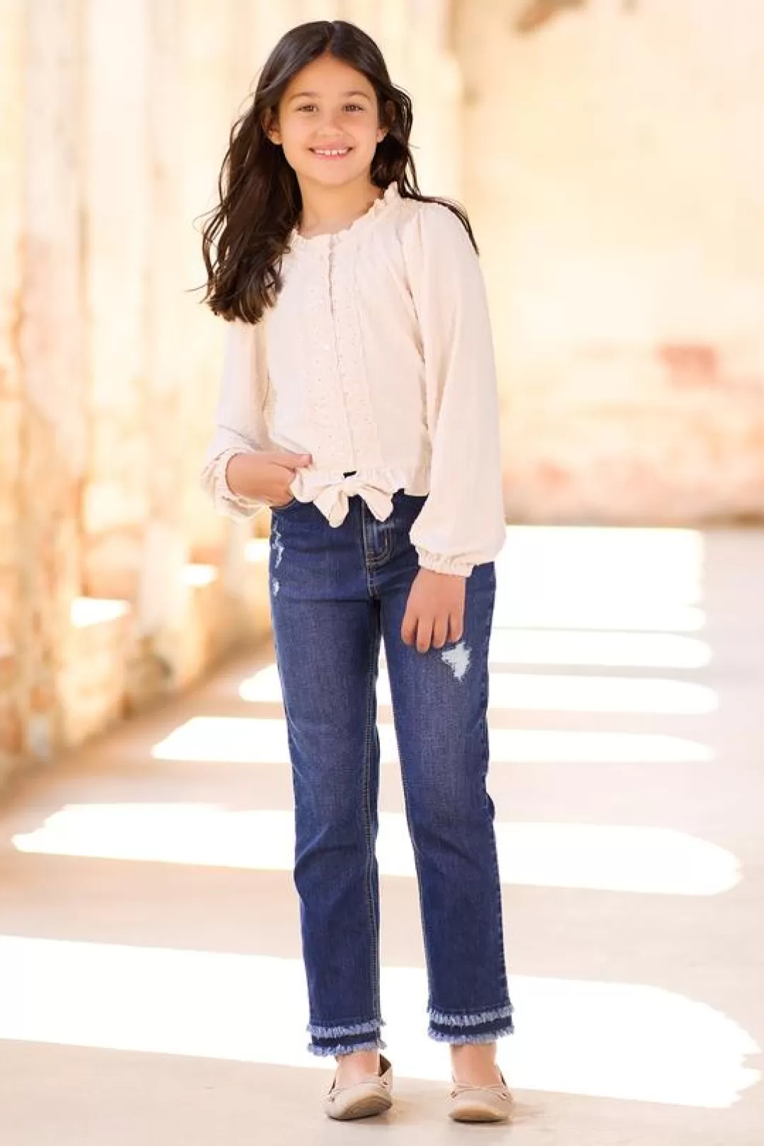 Cato Bottoms | Girls Frayed Straight Leg Jeans