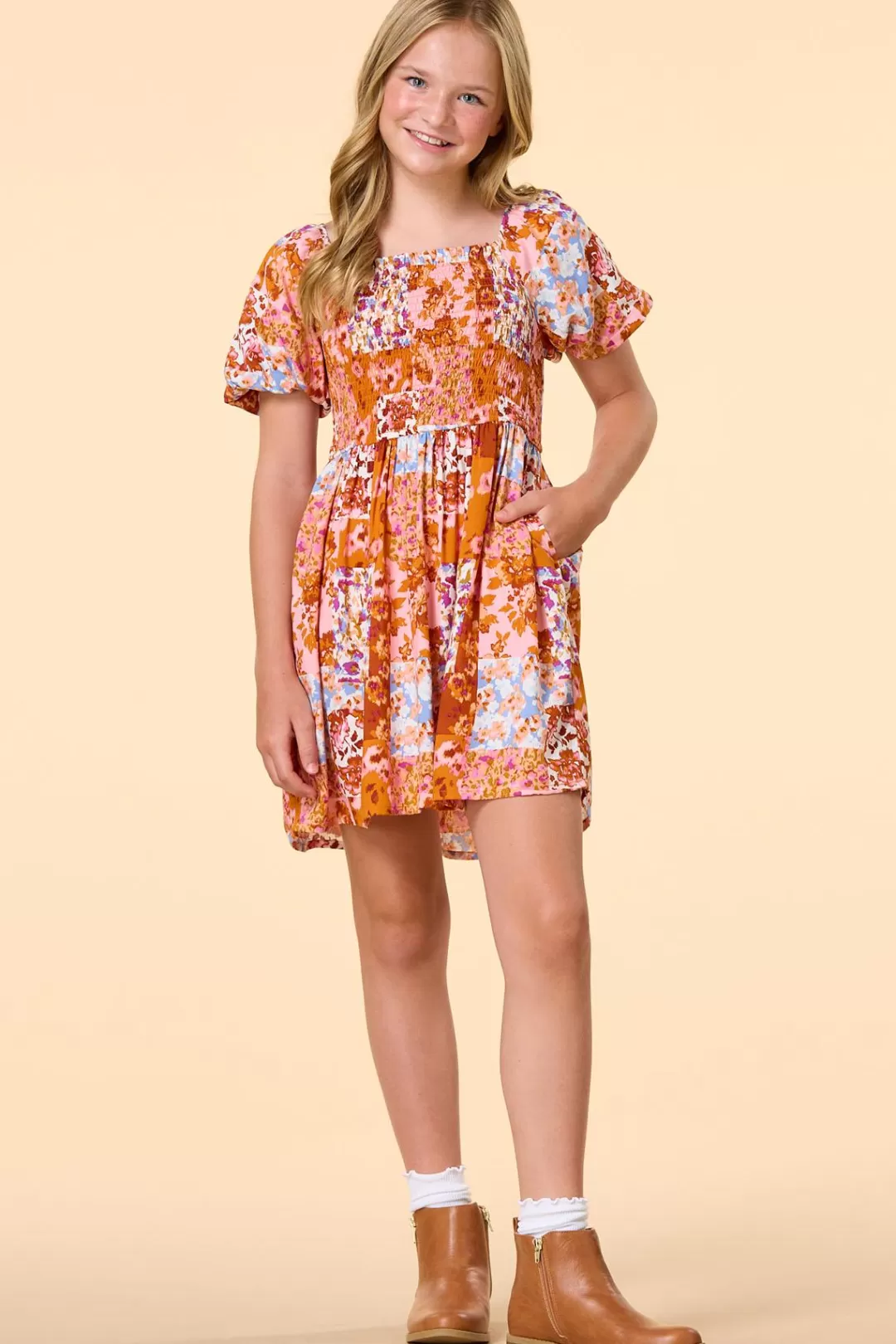 Cato Dresses | Girls Smocked Patchwork Floral Dress