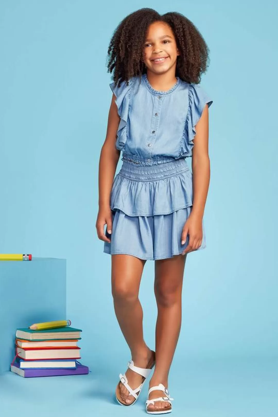 Cato Bottoms | Girls Tiered Chambray Skirt