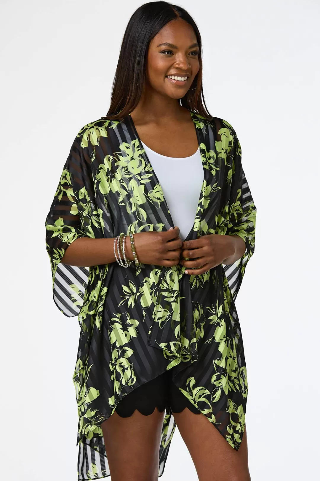 Cato Cover Ups | Tops | Green Floral Illusion Stripe Kimono