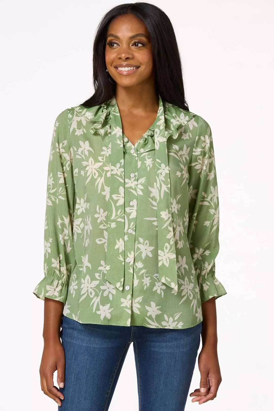 Cato Tops | Green Floral Shirt