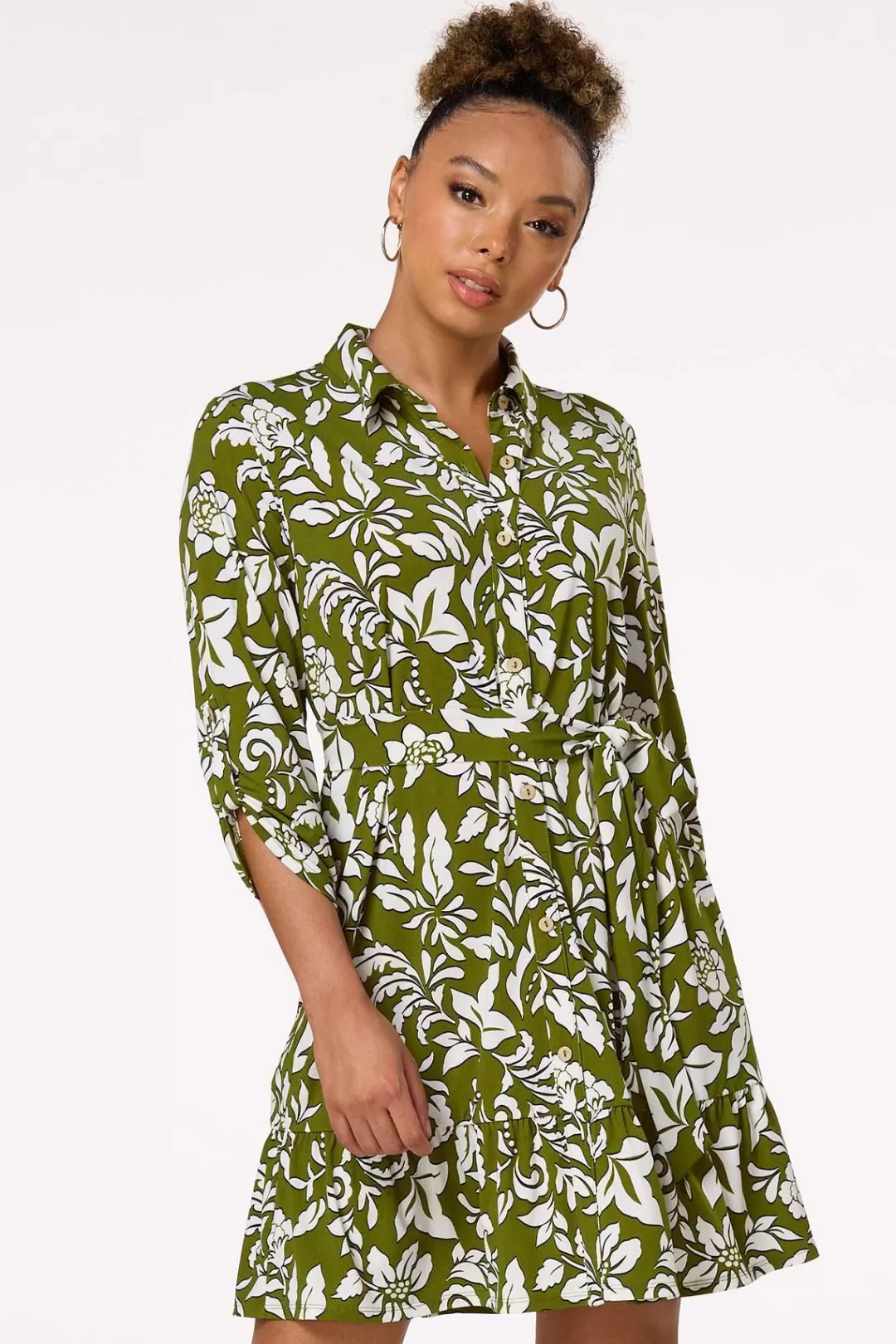 Cato Dresses | Green Floral Shirt Dress