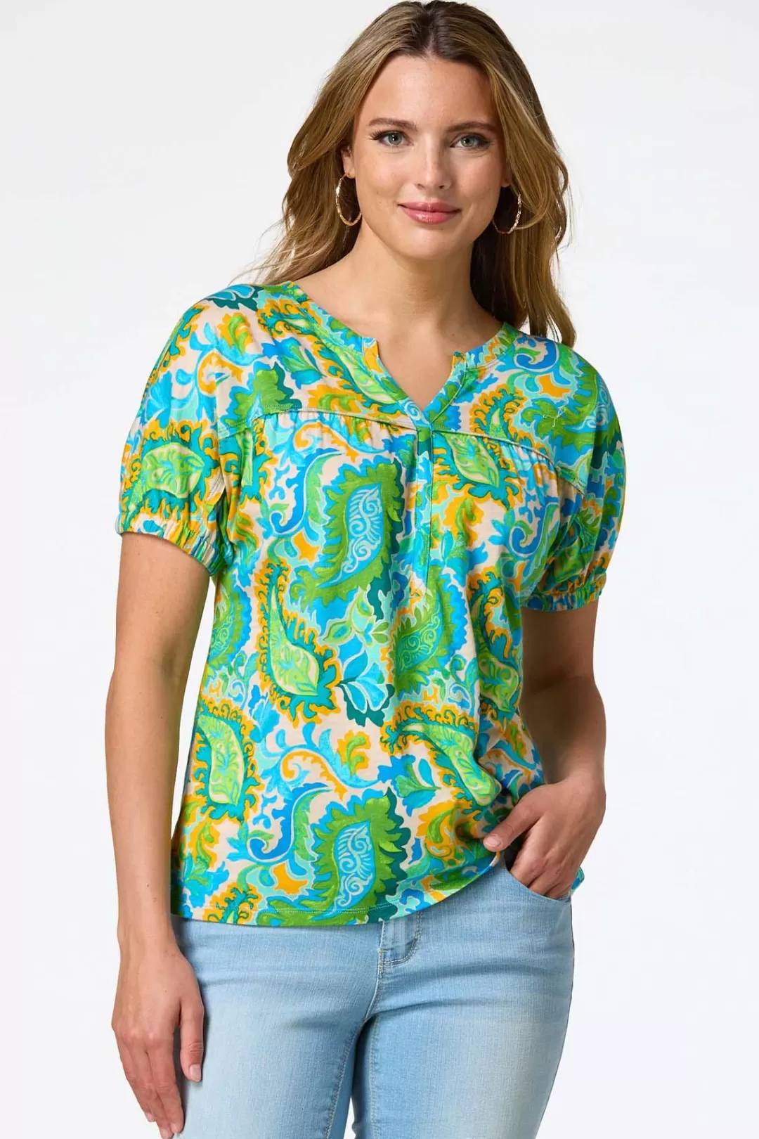 Cato Tops | Green Paisley Top