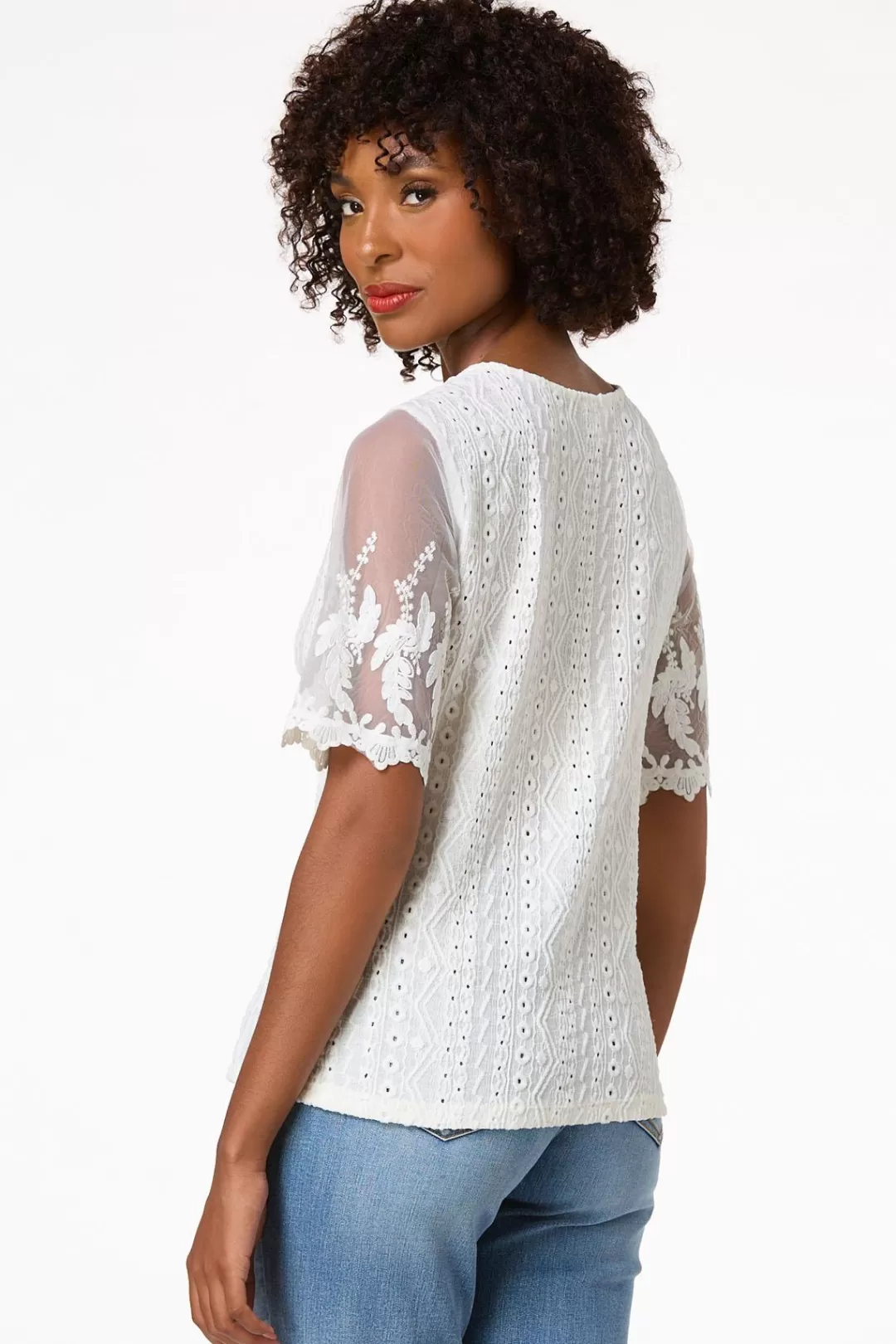 Cato Tops | Lacy Mesh Sleeve Top