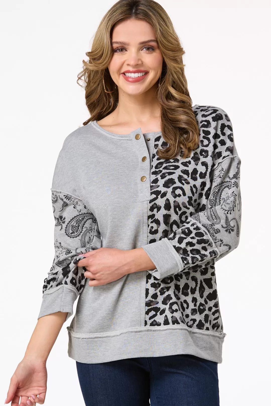 Cato Tops | Leopard Paisley Panel Sweatshirt