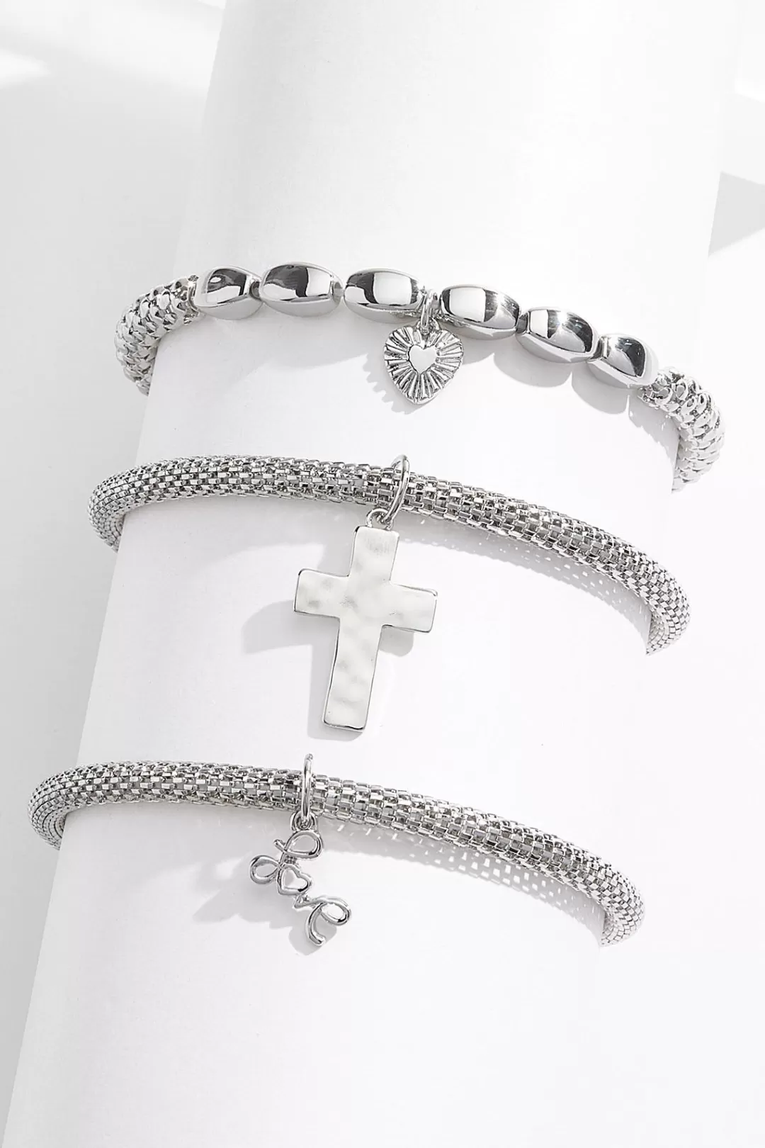 Cato Inspirational | Bracelets | Love Cross Silver Stretch Bracelet Set