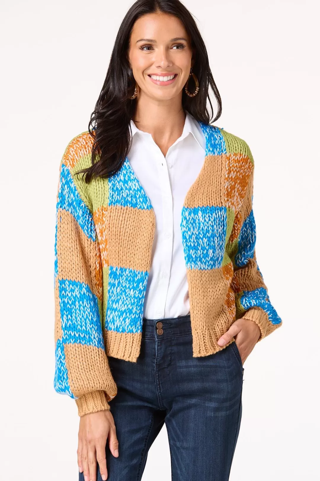 Cato Sweaters | Marled Check Cardigan