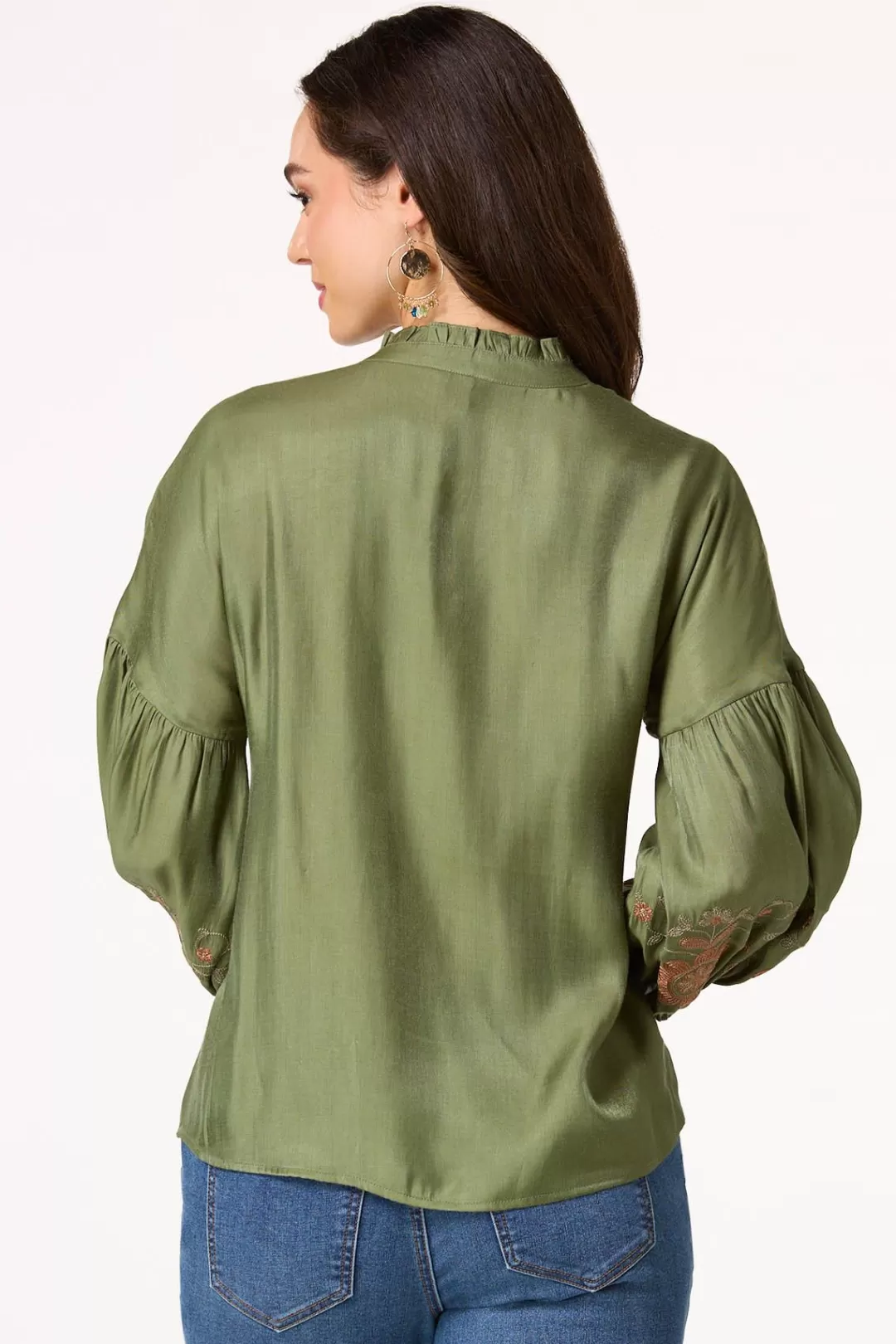 Cato Tops | Olive Embroidered Balloon Sleeve Top