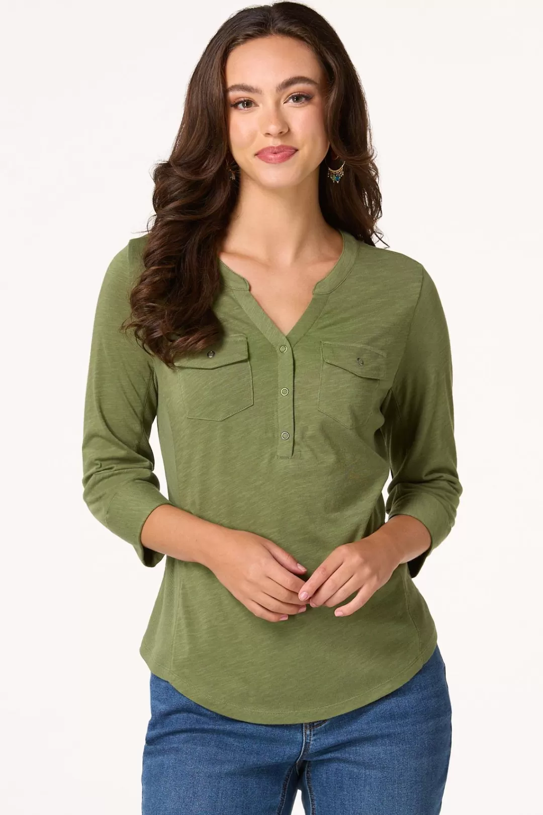 Cato Tops | Olive Front Pocket Top