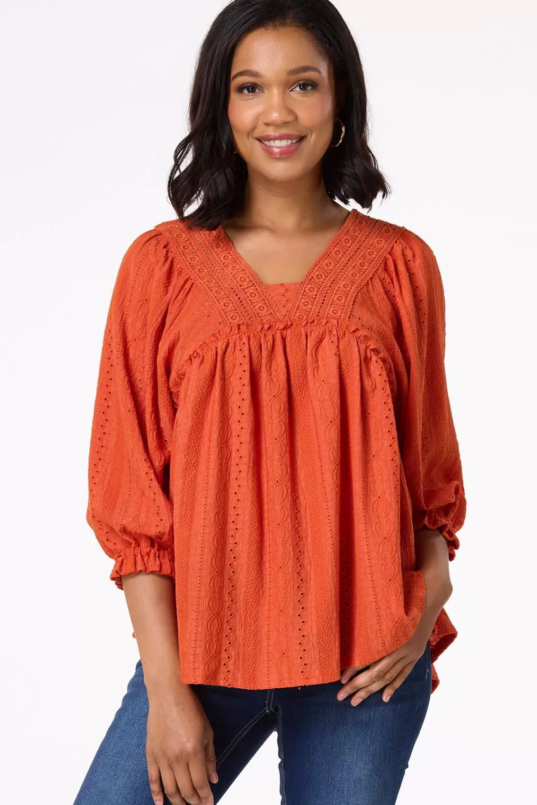 Cato Tops | Orange Lace Trim Babydoll Top