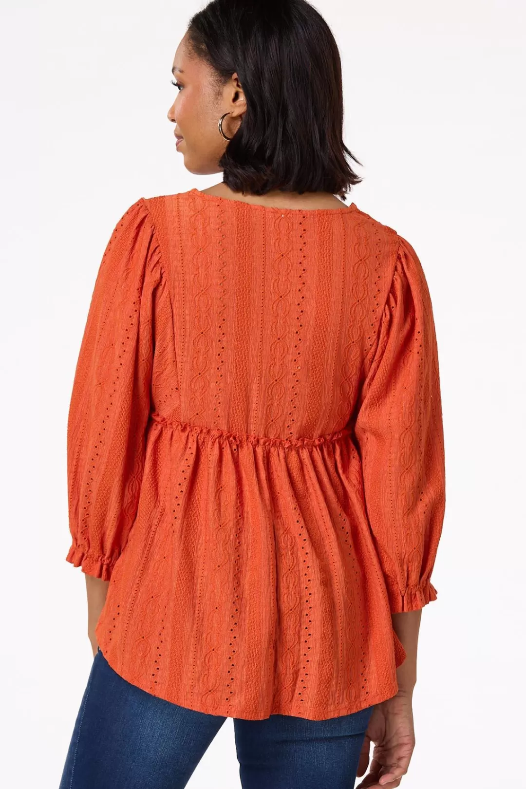 Cato Tops | Orange Lace Trim Babydoll Top