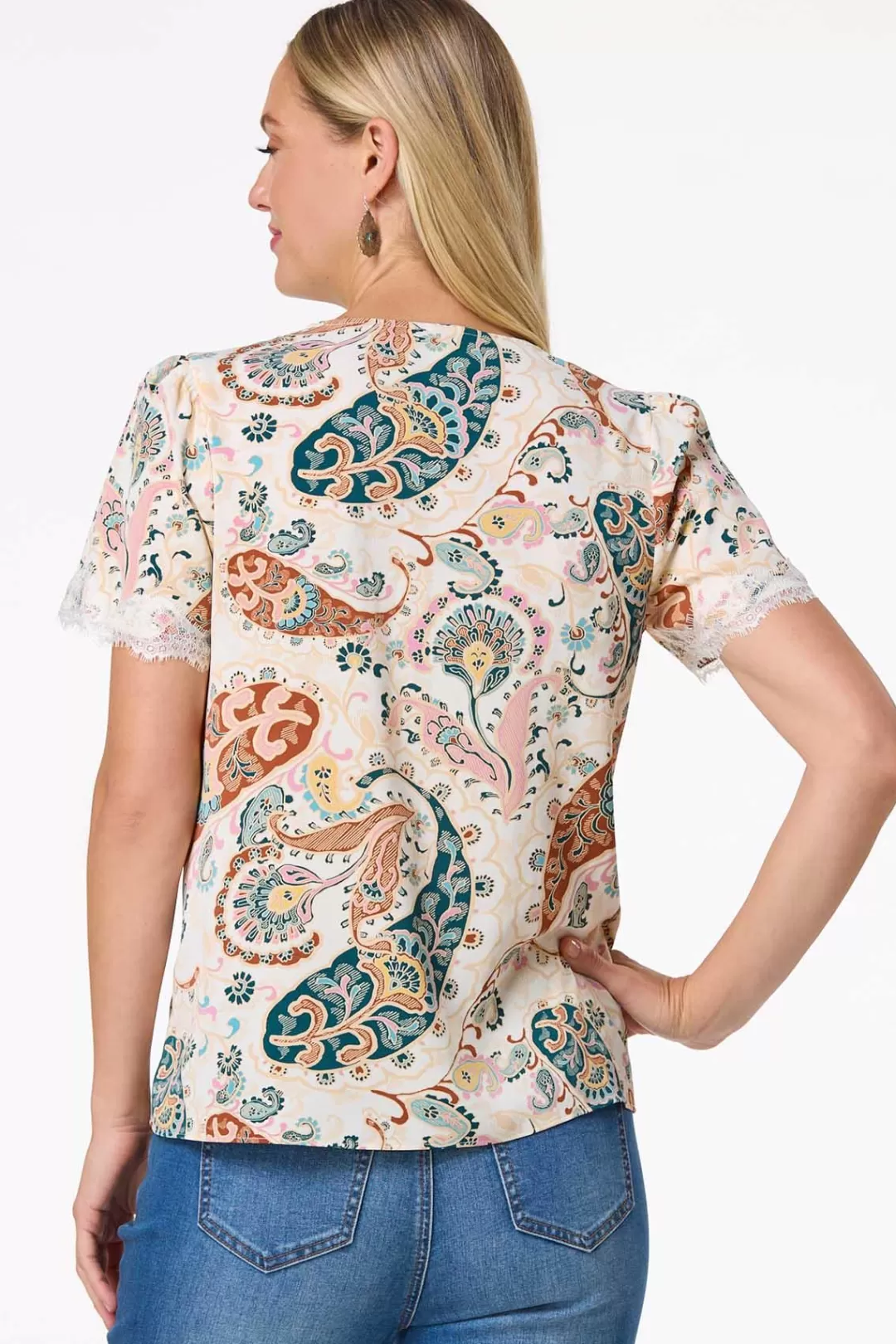 Cato Tops | Paisley Lace Trim Top