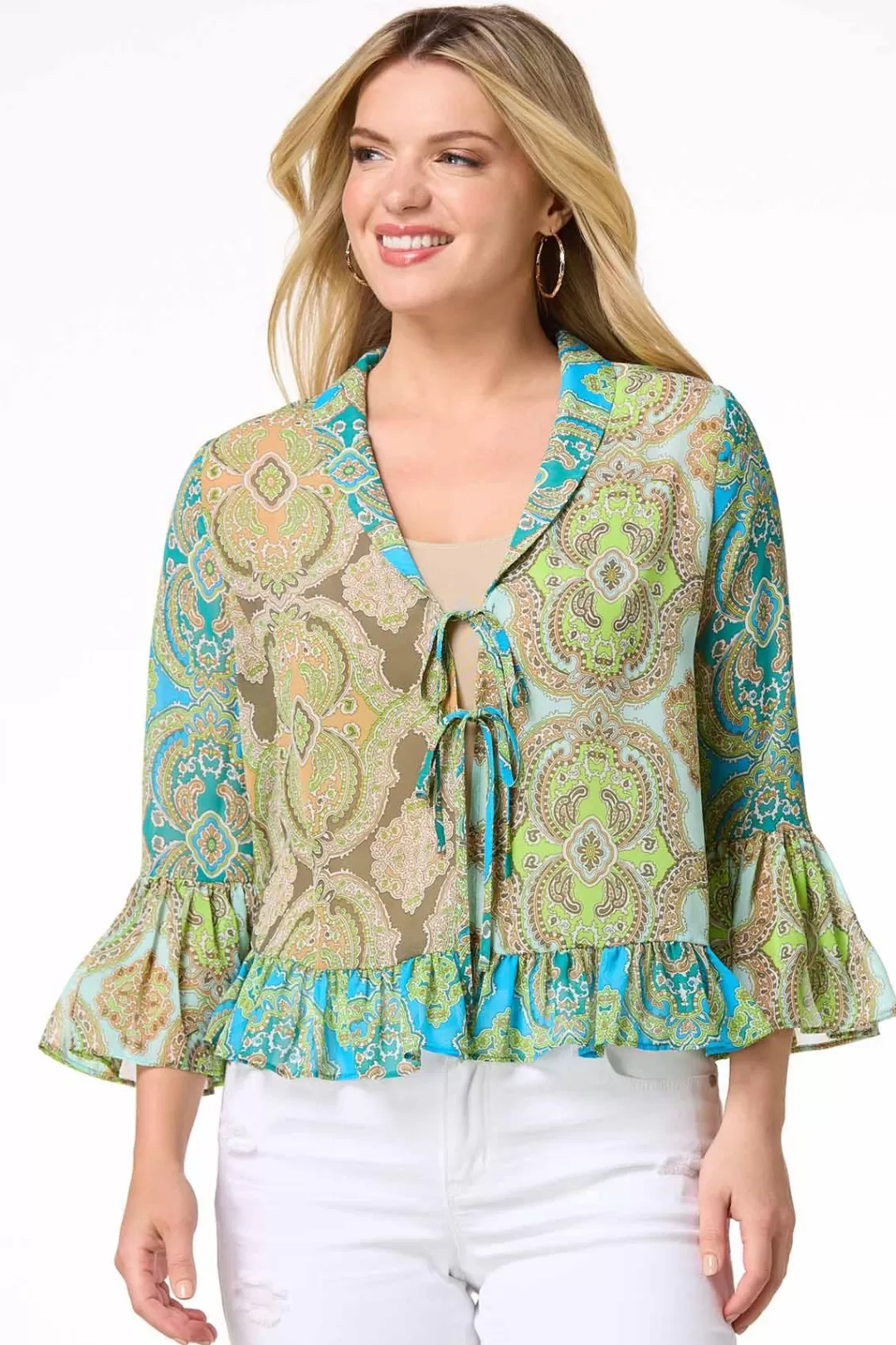 Cato Tops | Paisley Ruffled Trim Cardigan