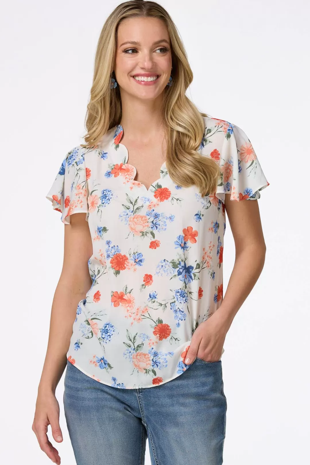 Cato Petites | Tops | Petite Scalloped Floral Top