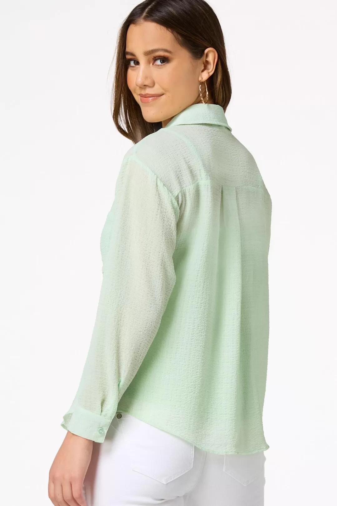 Cato Petites | Tops | Petite Solid Sheer Button Down Top