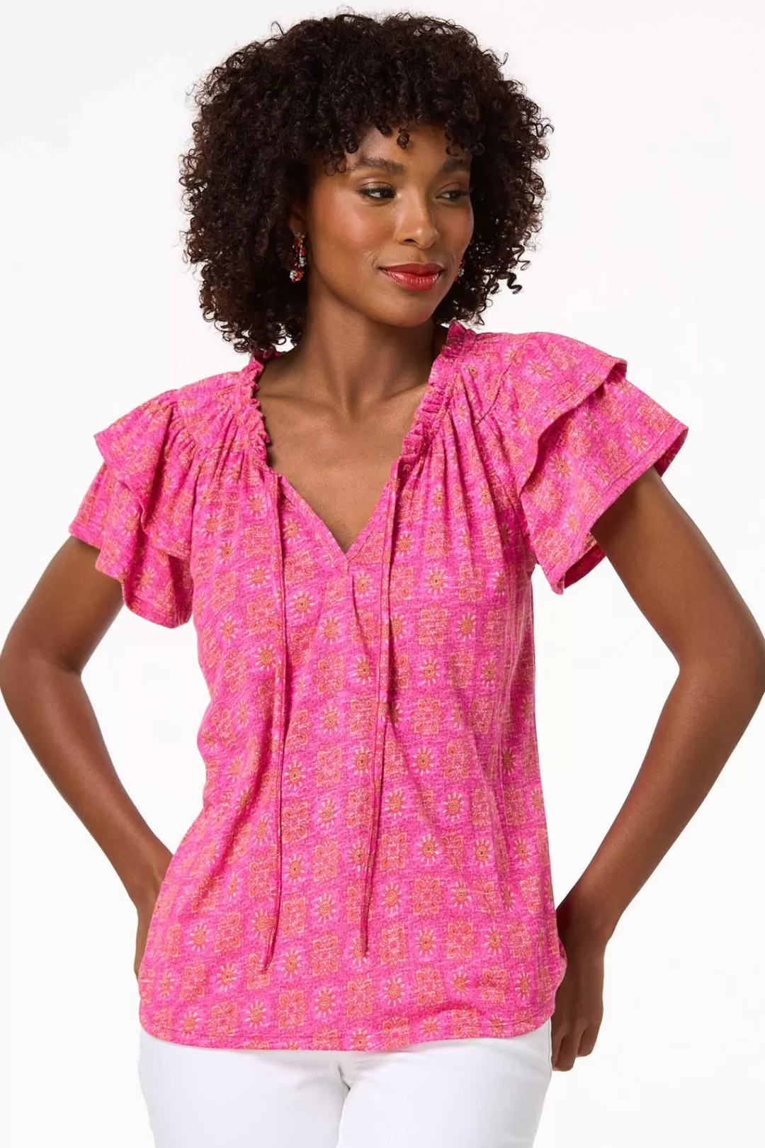 Cato Tops | Pink Floral Medallion Top