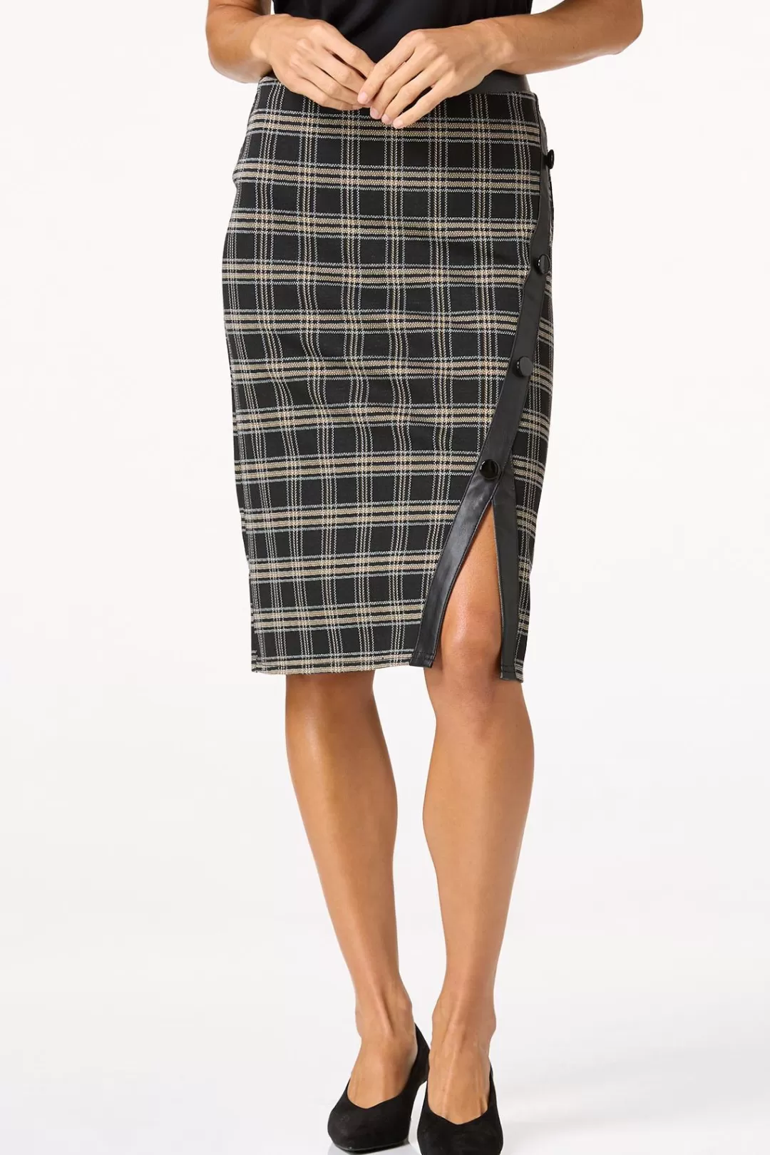 Cato Skirts | Plaid Faux Leather Trim Pencil Skirt