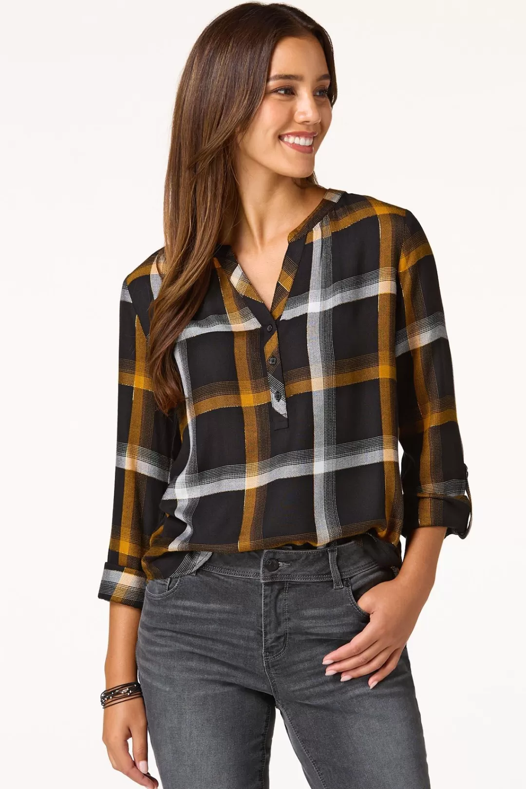 Cato Tops | Plaid Herringbone Top