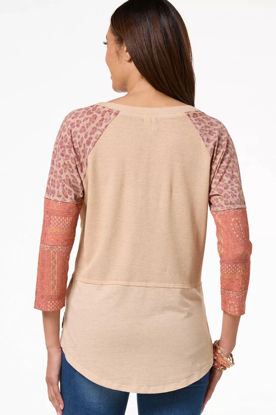 Cato Tops | Print Mix Sleeve Notch Neck Top