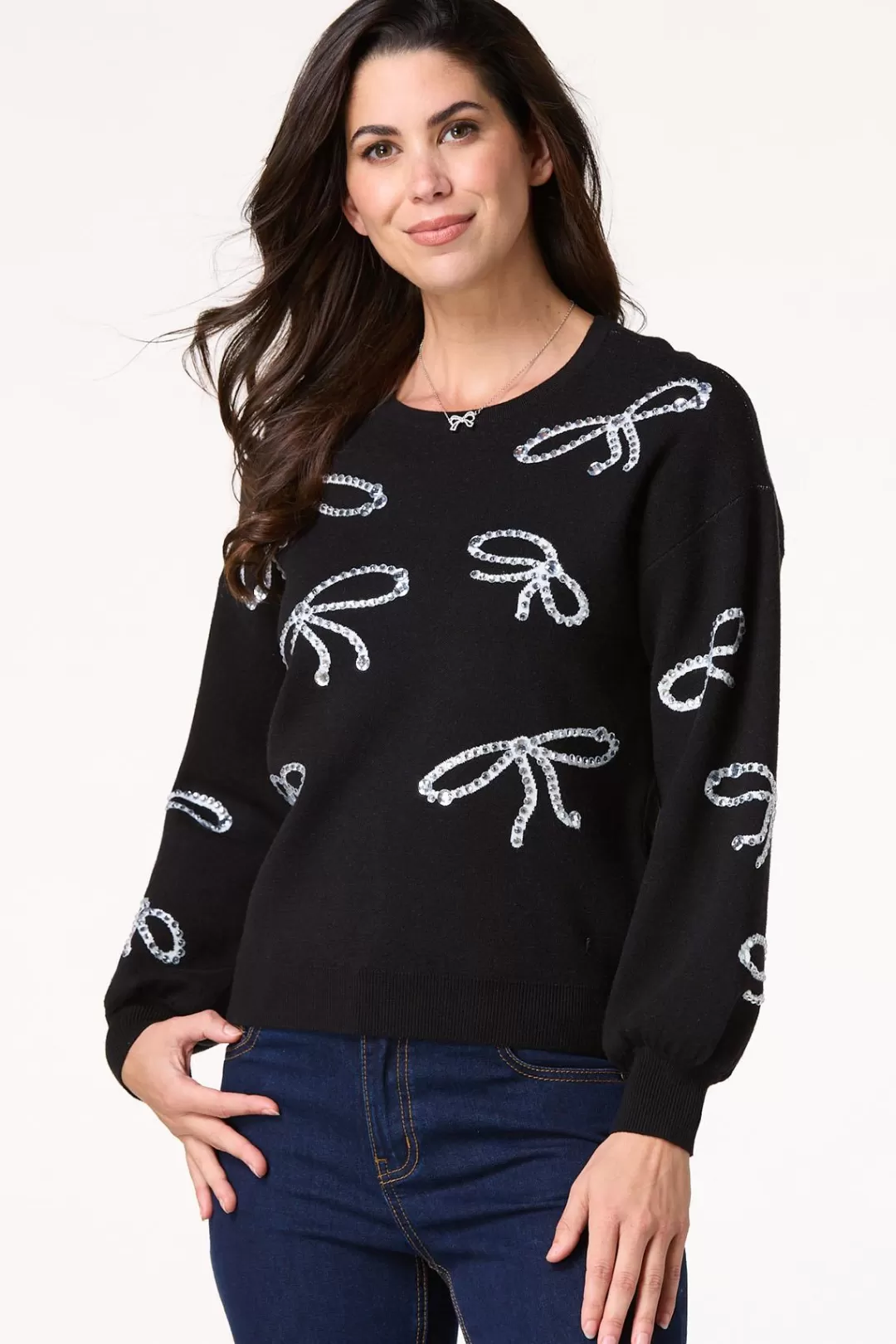 Cato Sweaters | Rhinestone Bow Sweater