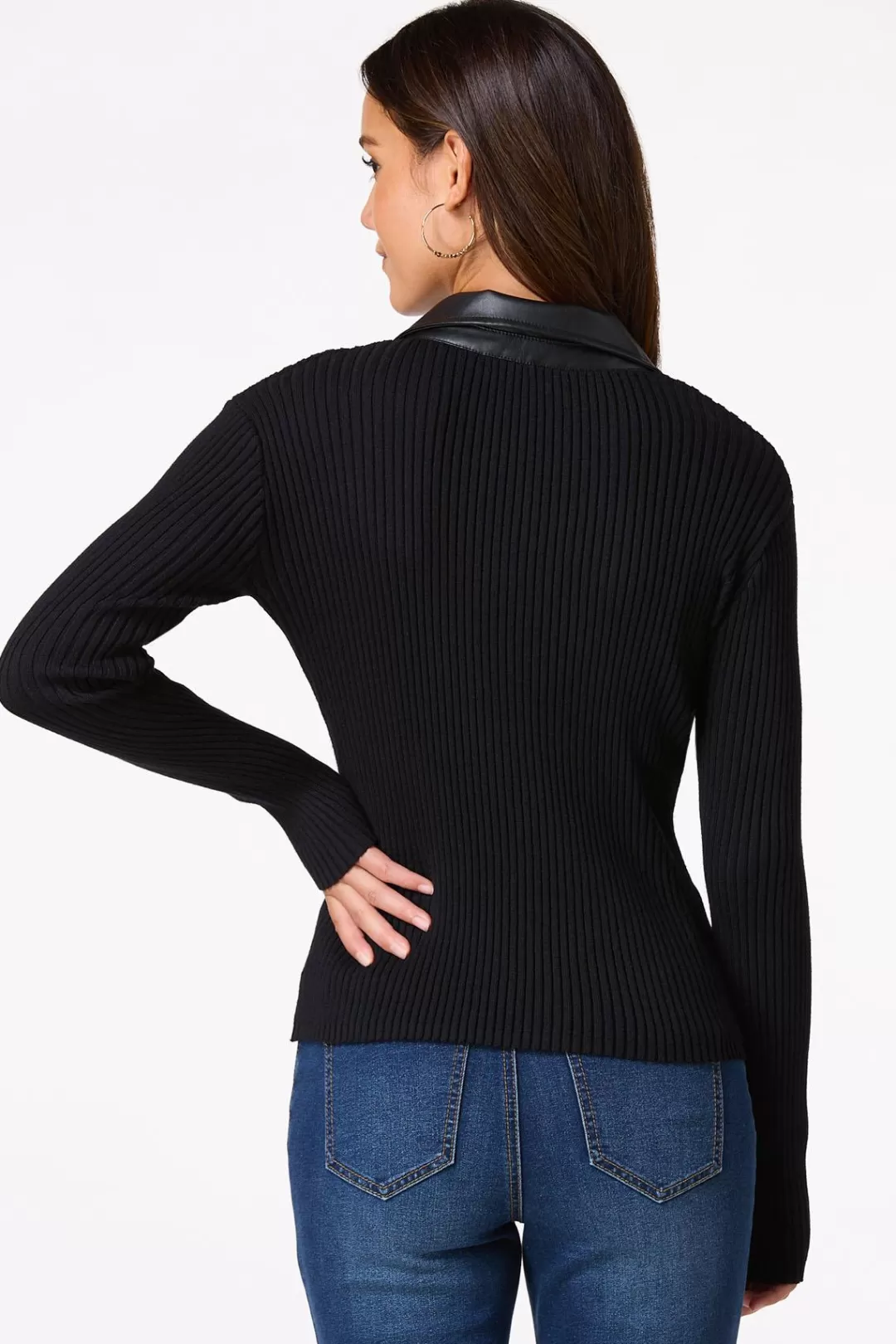 Cato Sweaters | Ribbed Faux Leather Collar Sweater