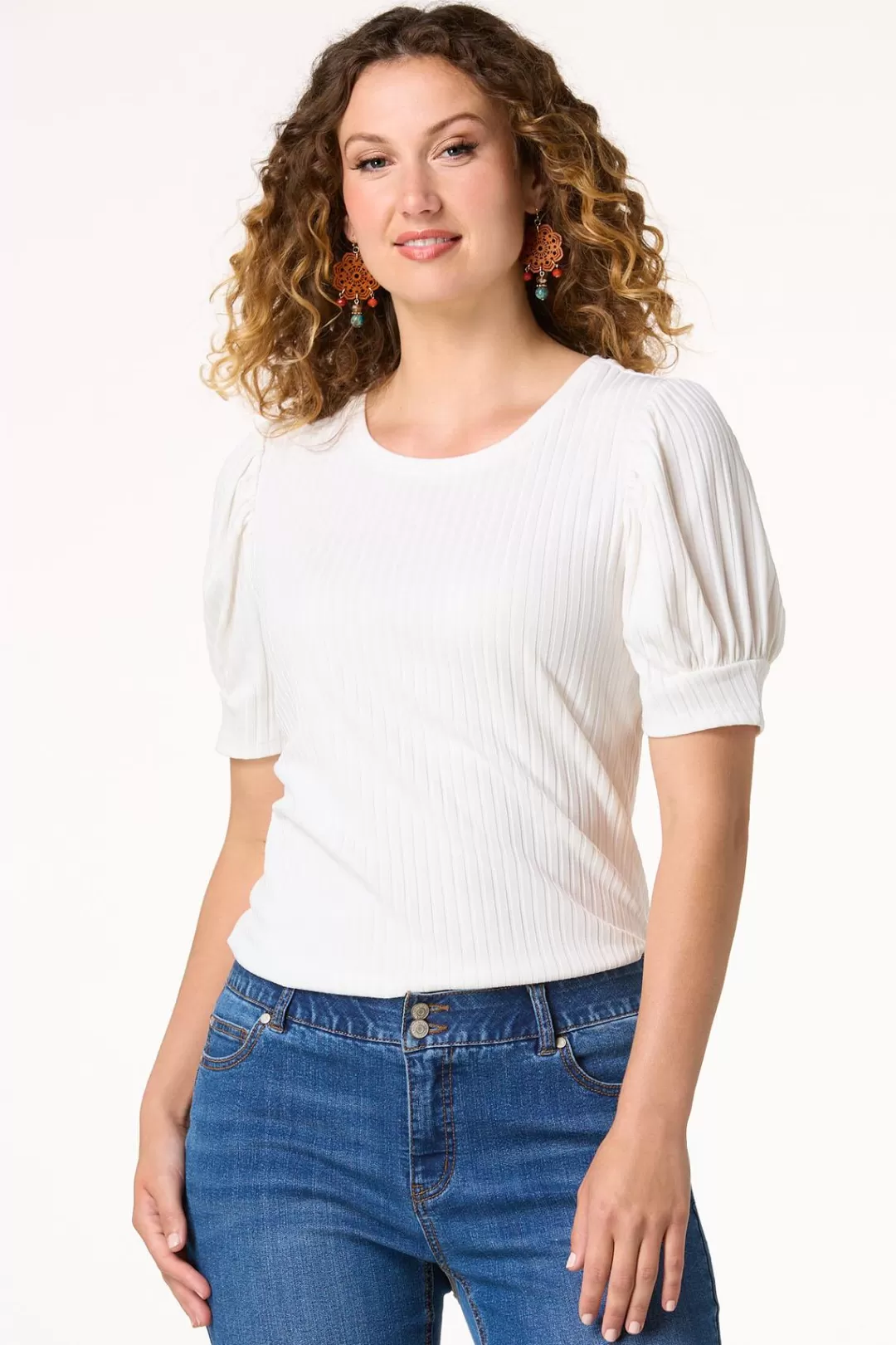 Cato Tops | Ribbed Puff Sleeve Top