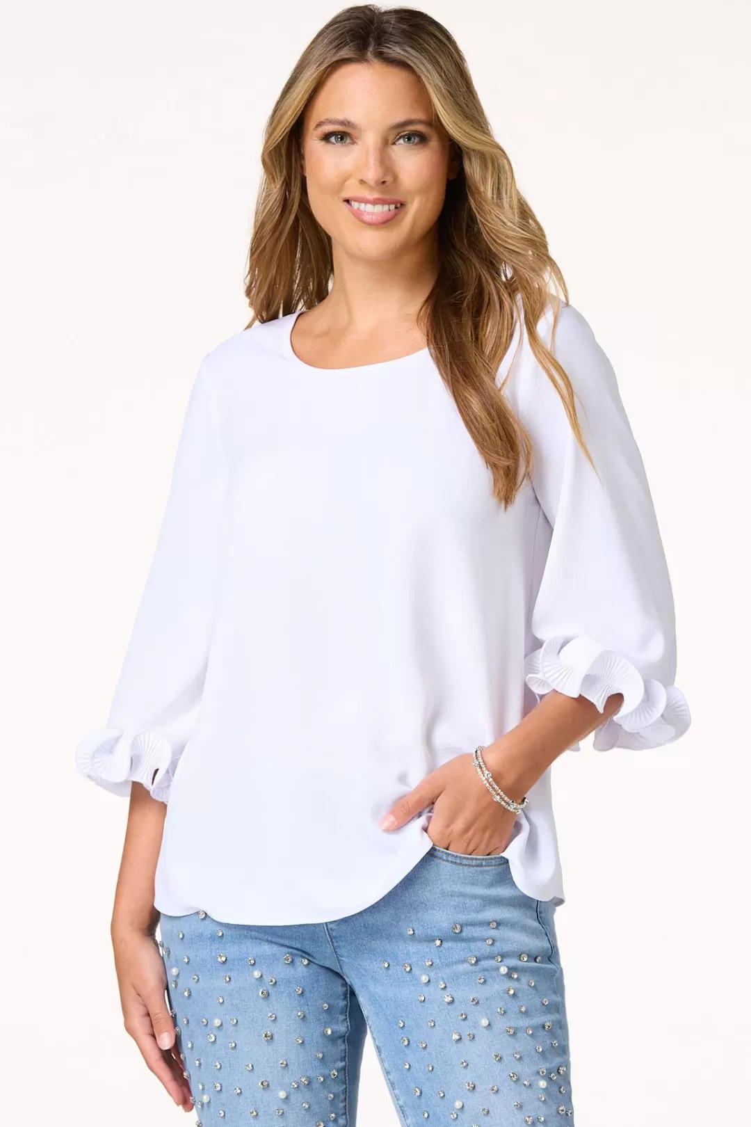 Cato Tops | Ribbed Ruffled Sleeve Top