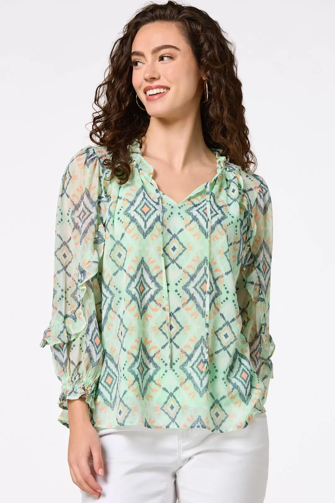 Cato Tops | Ruffled Aztec Print Top