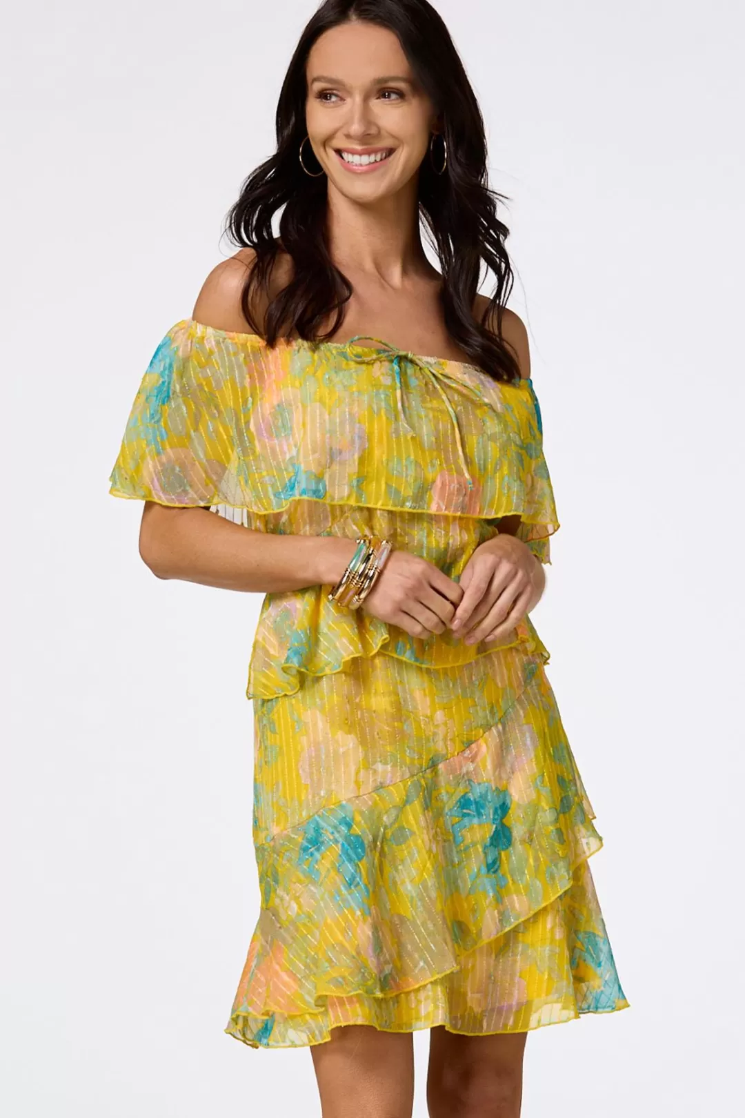 Cato Dresses | Ruffled Gold Floral Dress